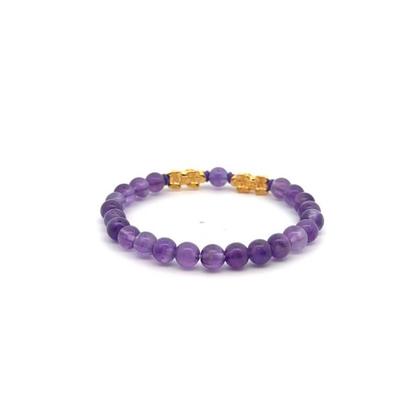 18K Gold Pixiu Double Piyao Bracelet Gemstones Amethyst February Birthstone 6mm - Picture 5 of 7